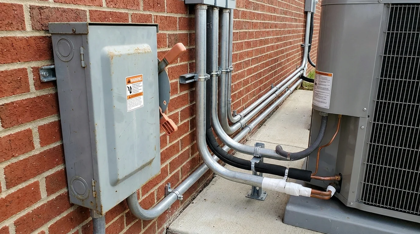 Weatherproof outdoor electrical disconnect switch box mounted on exterior wall next to AC condenser