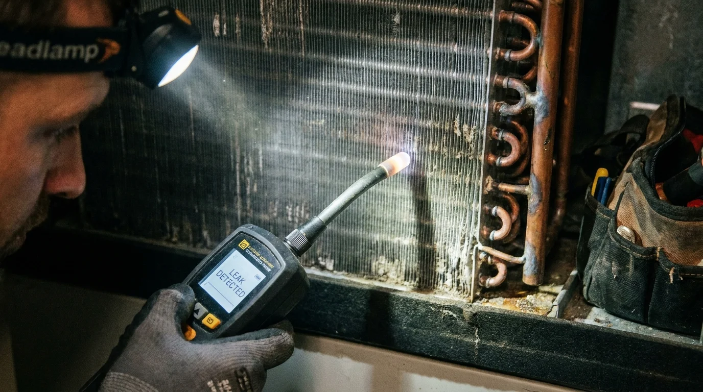 HVAC technician scanning copper service valves with a sensitive electronic refrigerant sniffer wand