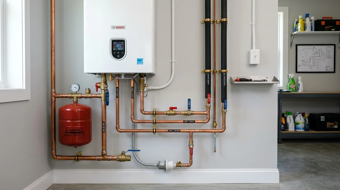 High-efficiency wall-hung condensing boiler and tankless water heater system with copper hydronic piping