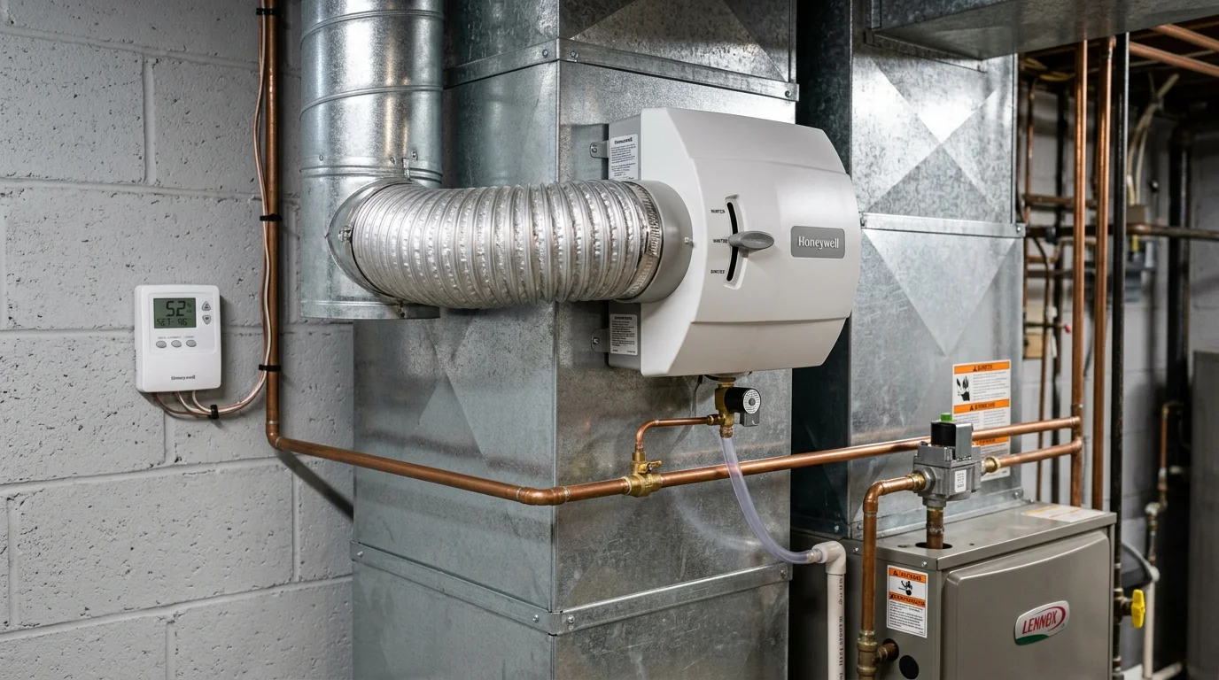Whole-home bypass central humidifier mounted on furnace sheet metal supply plenum