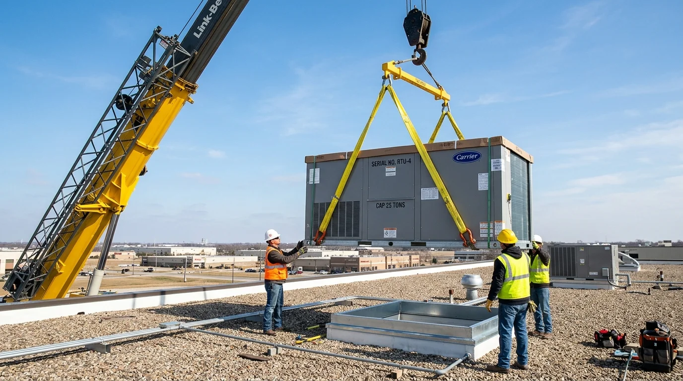 Commercial mobile crane lifting packaged HVAC rooftop unit (RTU) onto building roof curb
