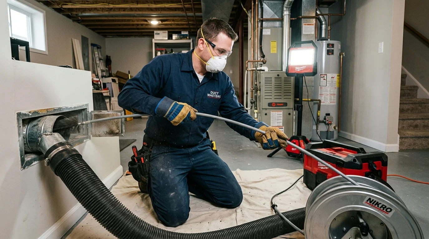HVAC technician inserting motorized rotating brush into residential metal air duct opening