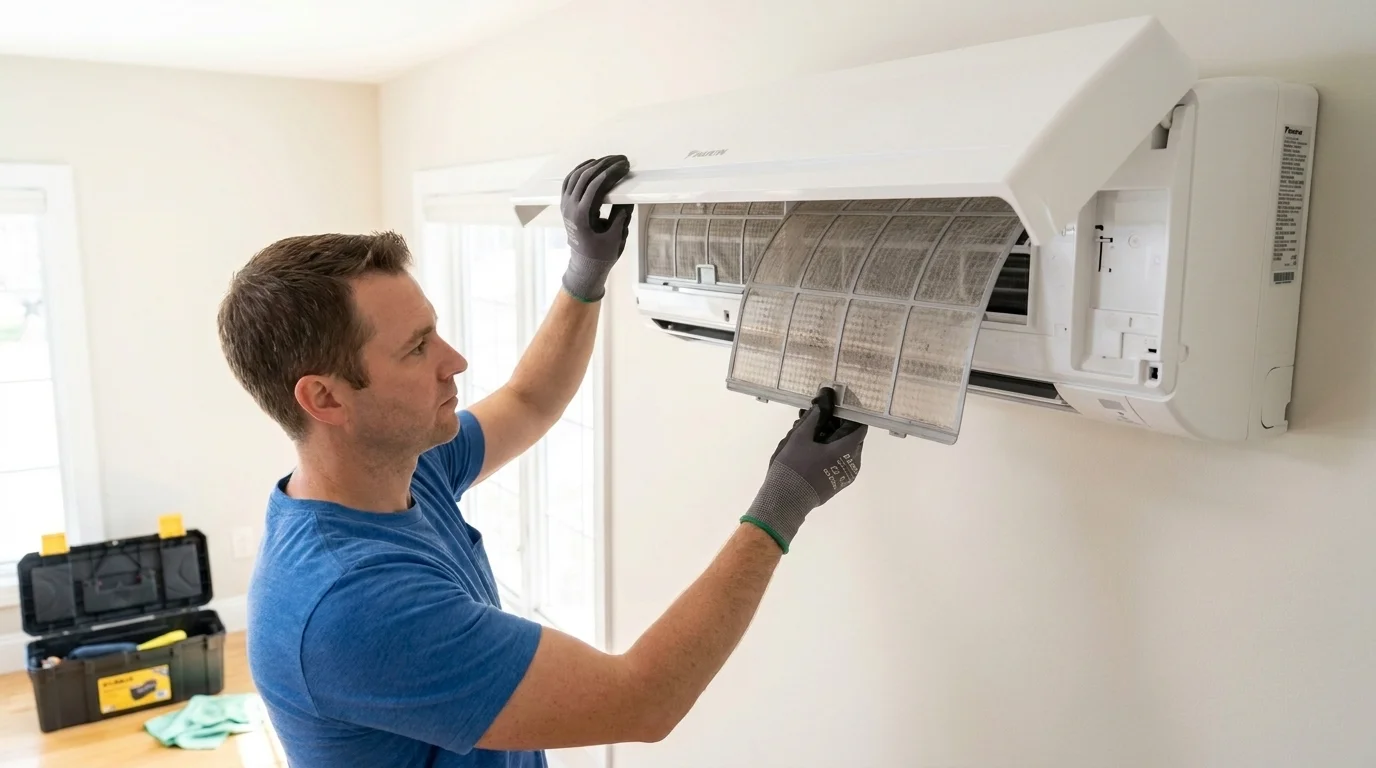 Homeowner rinsing washable electrostatic mesh air filters under running faucet from ductless indoor unit