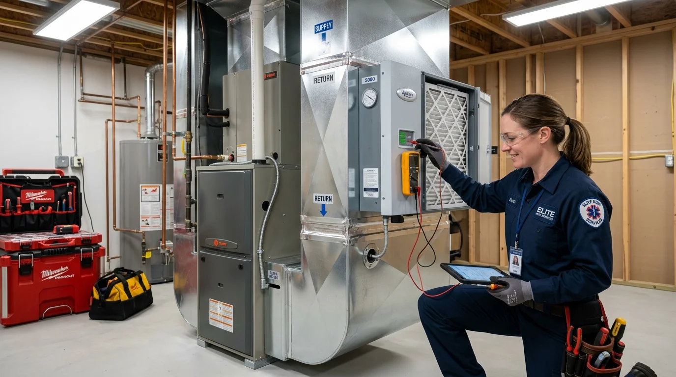 HVAC technician inspecting sheet metal ductwork and whole-home air filtration system in residential basement