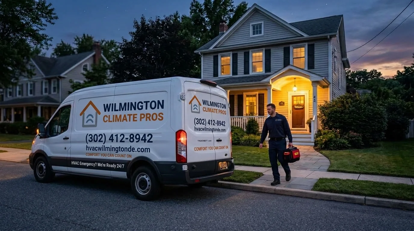 24/7 HVAC emergency service van and technician arriving at a Delaware residential home during evening