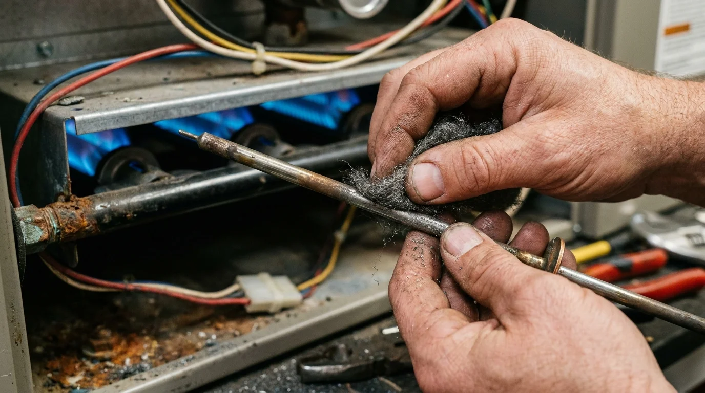 HVAC technician cleaning carbon buildup from a gas furnace flame sensor rod