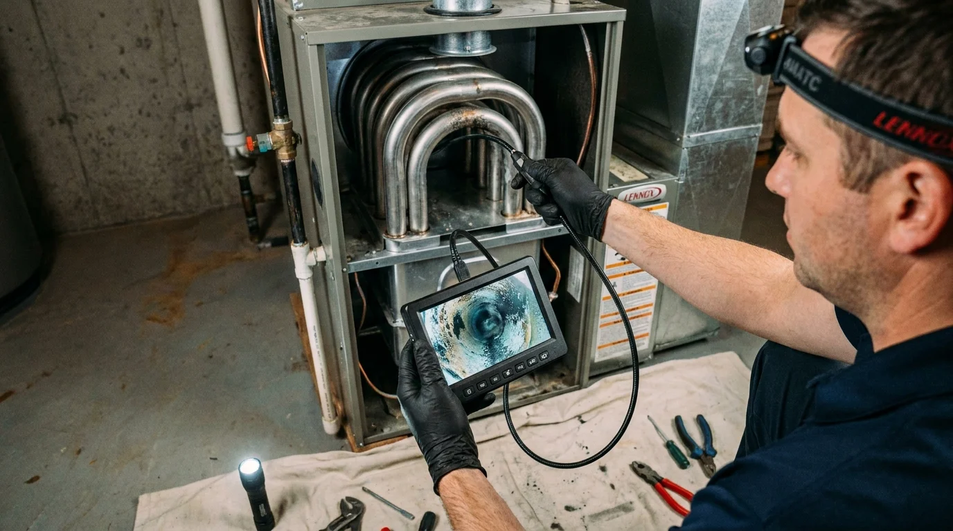 HVAC technician using an optical fiber borescope camera to inspect gas furnace heat exchanger cells for cracks