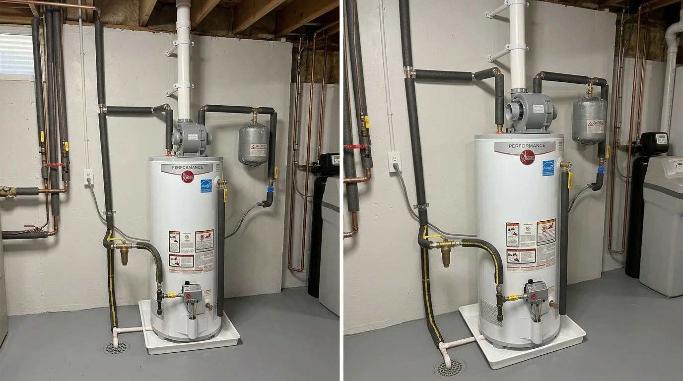High-efficiency residential gas power-vent water heater installed with copper water lines