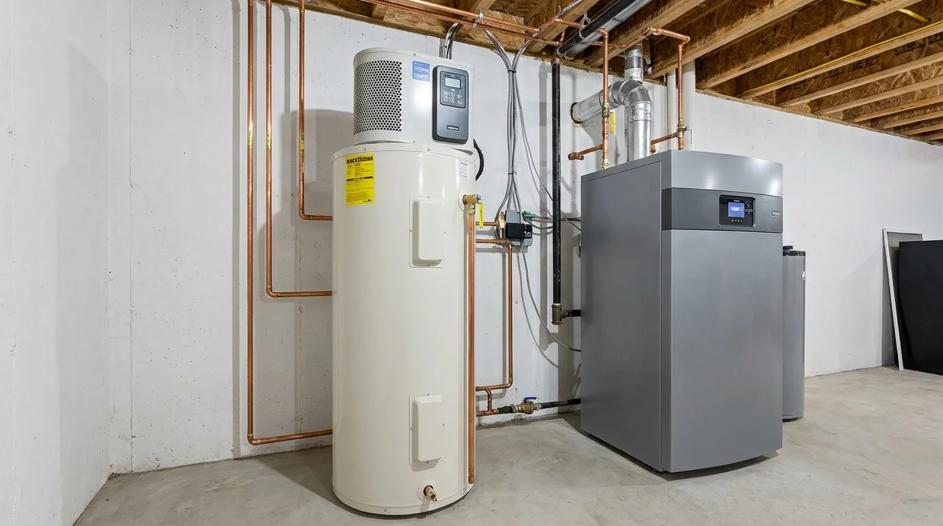 Hybrid heat pump water heater installed in Delaware basement utility area with condensate drain