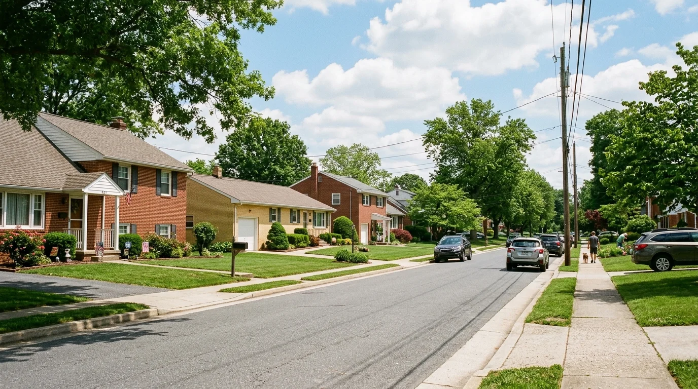Quiet residential tree-lined suburban street in North Wilmington, Delaware
