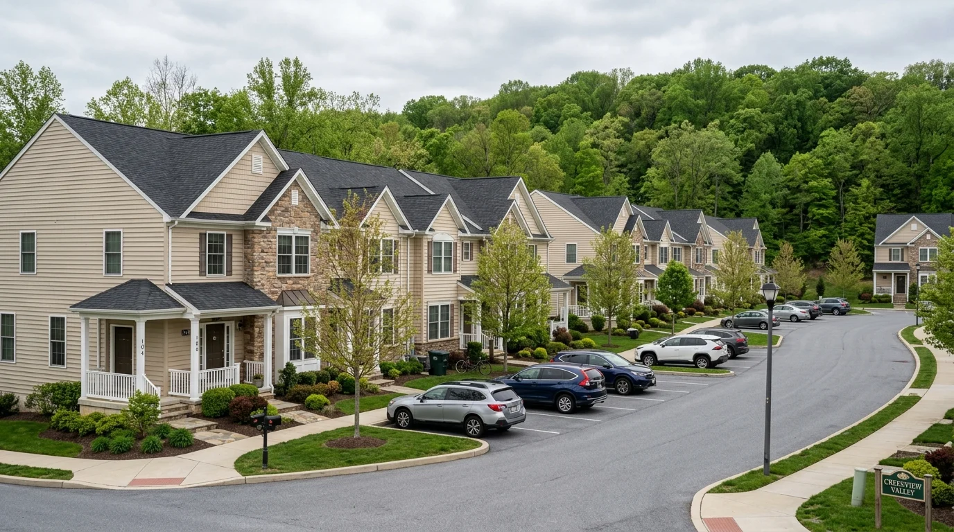 Suburban townhomes and single-family houses in Pike Creek Valley, Delaware