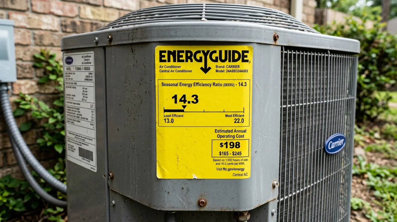 Official yellow FTC EnergyGuide label on outdoor AC condenser showing SEER2 rating