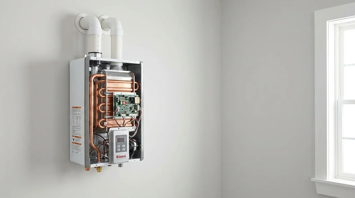 Interior service view of wall-mounted condensing tankless water heater with copper heat exchanger and electronic controls